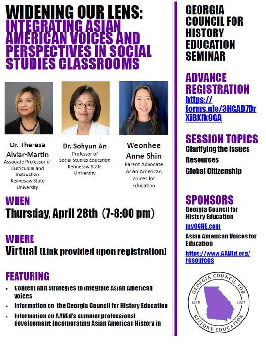 GaDOE_SS's tweet photo. From The Georgia Council for History Education
Registration is still open for the event this Thursday!
Widening Our Lens: Integrating Asian American Voices and Perspectives in Social Studies Classrooms. Register here https://t.co/oWev3XstqA. https://t.co/9U0zLP7hE3