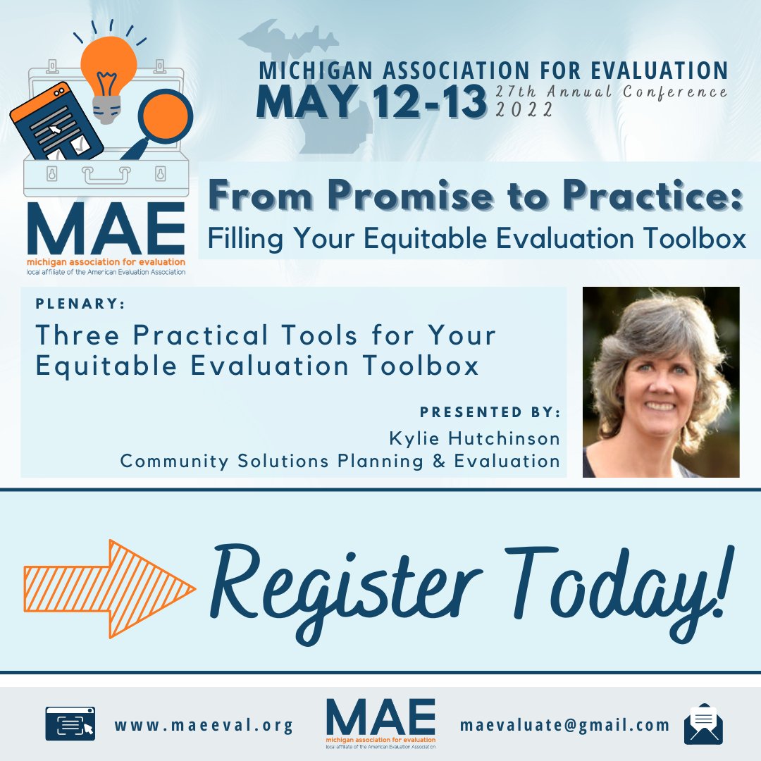 Spots are filling fast, don't miss your opportunity to engage with evaluation colleagues and "fill your equitable evaluation toolbox". Costs include $40 for non-members, $30 for members, and $20 for students. Register here: bit.ly/MAEConf2022n #mievaluation #evaluation #eval