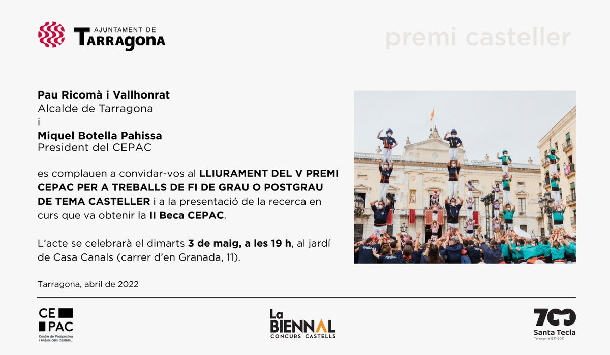 CePACcastells's tweet image. El pròxim dimarts dia 3 farem l'acte oficial de lliurament del V Premi CEPAC, i també coneixerem en quin punt es troba la recerca guanyadora de la II Beca. A les 19:00, a Casa Canals de Tarragona. Tothom convidat! #castellers  #castelleres