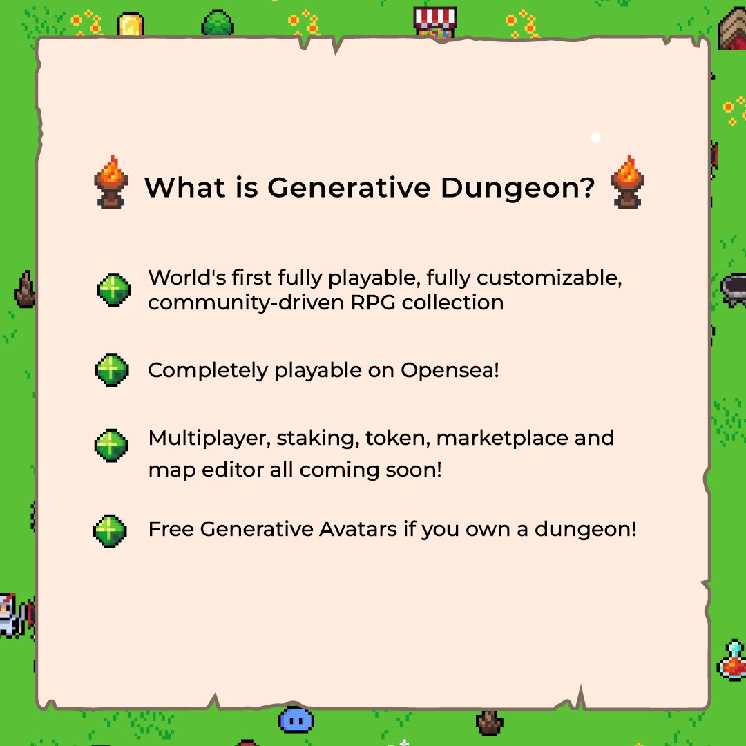 GenDungeon's tweet photo. What is Generative Dungeon? 

1⃣  World's first fully playable, fully customizable, community-driven RPG collection!
2⃣ Completely playable on Opensea! 
3⃣ Multi-player, Token, Map Editor soon!👀 
4⃣ Free Avatars! https://t.co/7Rq2KMzfaf