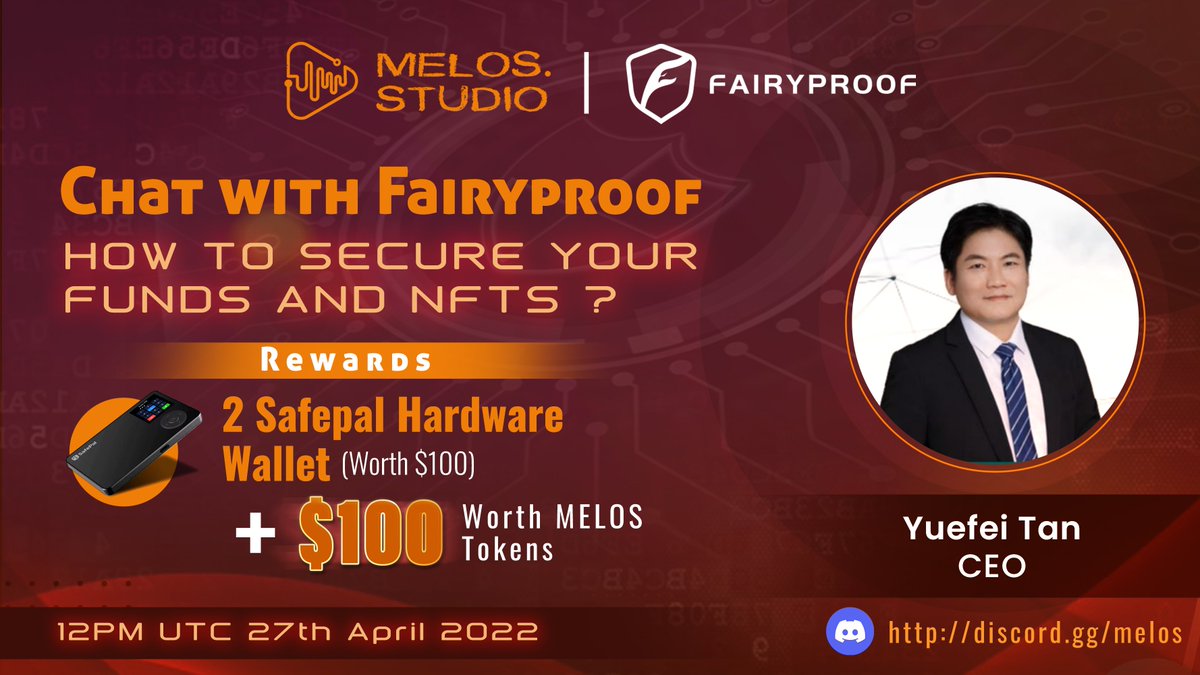 Scams are everywhere🚨

We have invited <a href="/FairyproofT/">Fairyproof Tech</a> CEO to share important messages of securing funds &amp; #NFT to our #Melosians community.

⏰Time: 12PM April 27 UTC
📍Venue: discord.gg/melos

🫰Bonus: RT + LIKE + Tag 3 frens in the comment to win $50 worth $MELOS token.