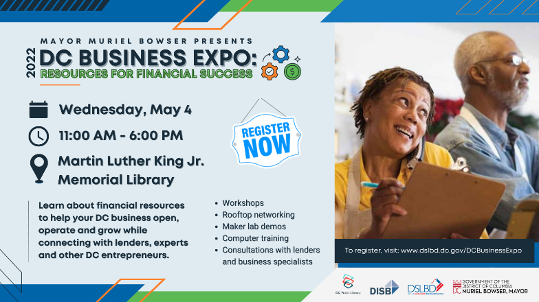 DCDISB's tweet photo. Learn about #financial resources to help your DC business open, operate and grow while connecting with lenders and experts at the #2022DCBusinessExpo!

May 4 • 11am - 6pm
MLK, Jr. Memorial Library, 901 G St. NW

To register, visit: https://t.co/4IMaxHZ2eN https://t.co/mP8IGO2dIq
