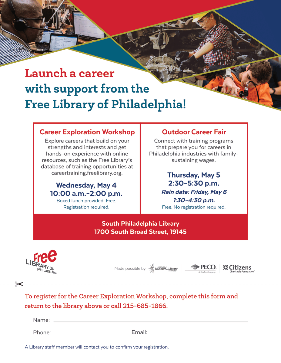 flpworkplace's tweet photo. Philly Career Launch's Spring workshops continue next week at the @FreeLibrary ! A workshop and career fair will take place at South Philadelphia Library.  Read more and sign up at the link below: 
https://t.co/1waRhkf1jr https://t.co/Th5IAkuaP6