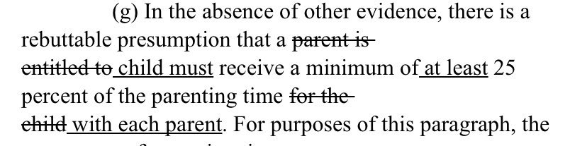xDonkeyKong's tweet photo. @mnsharedparent1 From HF 4187. It’s not equal, but the language change here codifies the 25% as a child’s right. As a parent that’s been wrongfully removed from my child’s life, I am hopeful this would be a barrier to bad judges wrongfully isolating a child with one parent, especially a bad one. https://t.co/3q4vFvz2ZR