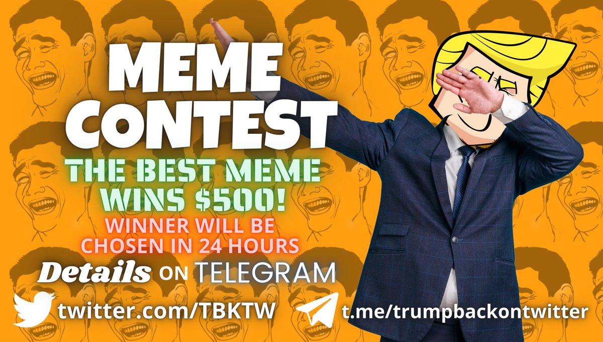 $TBKTW Meme Contest STARTS NOW! 😂
Best meme about Trump V Twitter wins $500!🤑

Let the games BEGIN! 🔥
More details on our #Telegram 
t.me/trumpbackontwi…

#TRUMPBACKONTWITTER #TBKTW #ETH #UNISWAP #MemeContest #memecoin #BigTechCensorship #trump