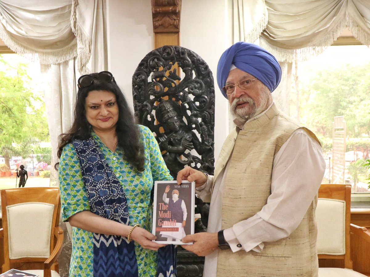 HardeepSPuri's tweet image. Received my copy of #TheModiGambit from the author - the fiery @BJP4India Spokesperson &amp;amp; economist @Sanju_Verma_ Ji in my office. Covering wide ranging issues, the book decodes every big reform under PM Modi Ji, the TINA factor &amp;amp; fight against #COVID19.