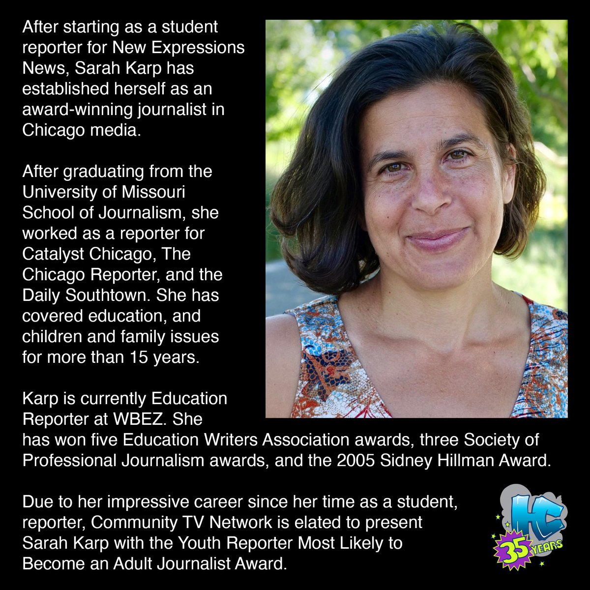 ctvnchicago's tweet photo. HC35 News: CTVN is elated to announce, Sarah Karp, WBEZ Education Reporter, as the recipient of the Youth Reporter Most Likely to Become an Adult Journalist Award.
Click here to learn all about the event on April 28!
https://t.co/Tjqj6Sj2Kj
#ctvn #hardcover #wbez #sarahkarp https://t.co/tQDykDLSLT