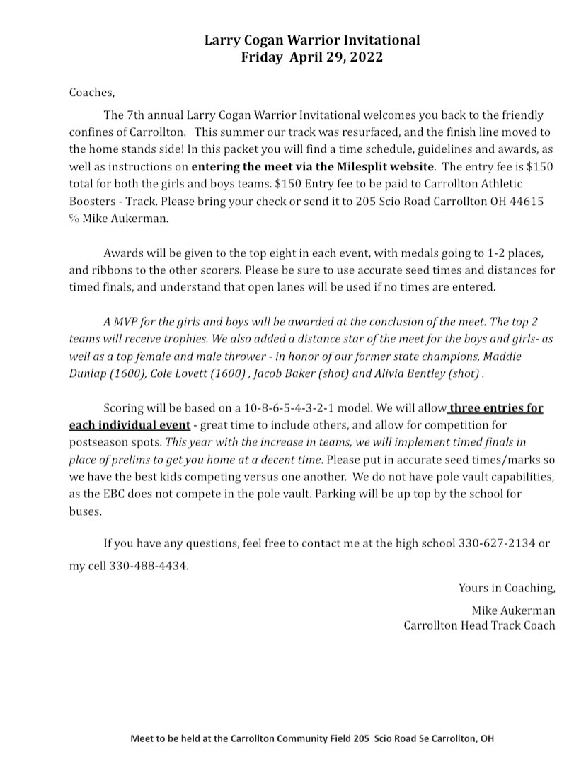 CWTrack's tweet photo. This Friday we will host our 7th annual Larry Cogan Warrior Invitational. 14 teams will compete - anyone wishing to volunteer to help with the meet please email or text - mike.aukerman@carrolltonschools.org or 3304884434. Please take note of timed finals and revamped schedule. https://t.co/sysYfec9Wb