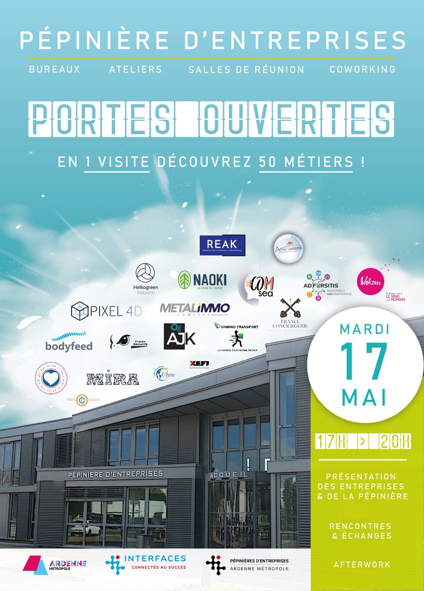✅SOIREE PORTES OUVERTES : 17 MAI - 17h-20h 
Découvrez les entreprises hébergées , notre offre de services, nos locaux et les 50 métiers présents sur notre site. 
INSCRIPTION : forms.gle/U6s2R8wifV7cB6…