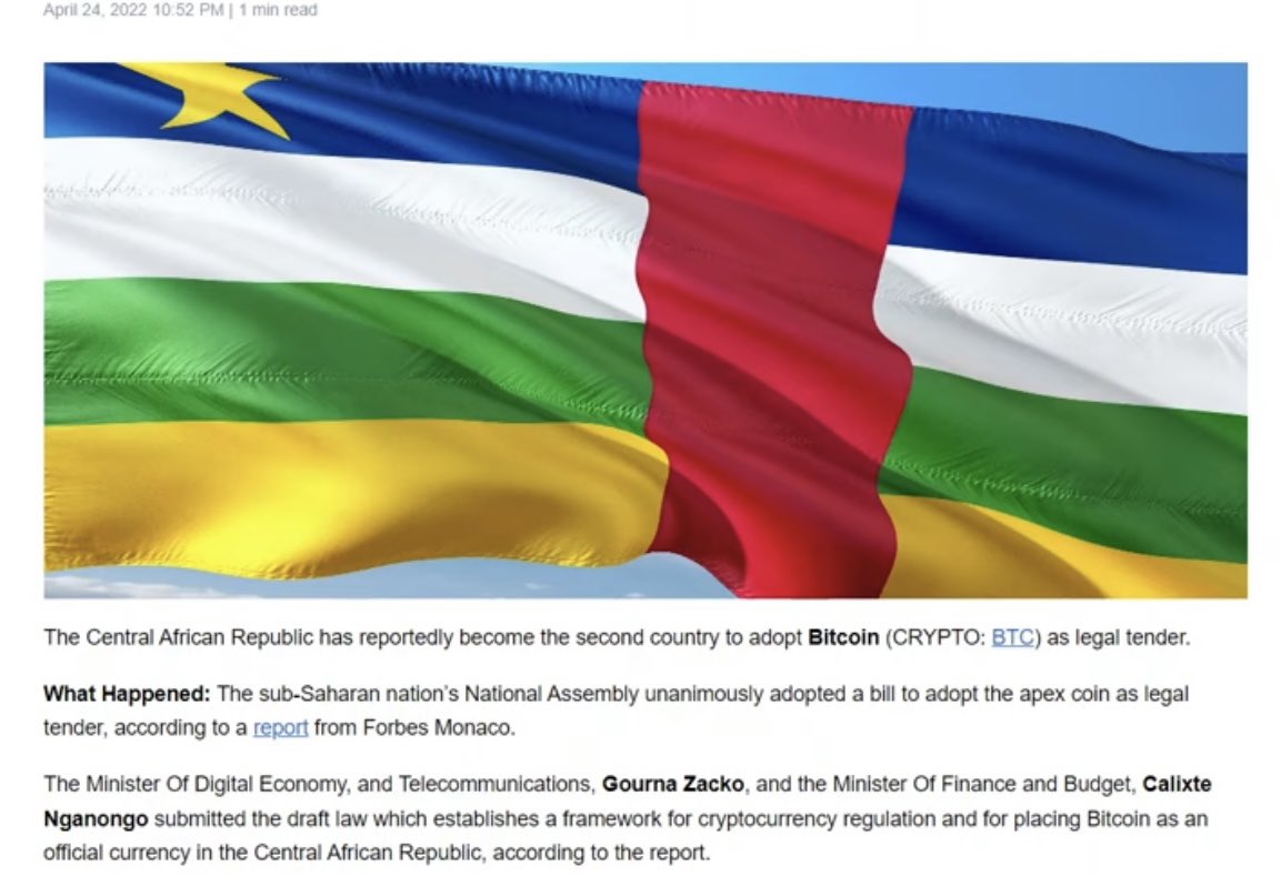 Doughbsc's tweet photo. Central African Republic reportedly becoming the second country to adopt Bitcoin after El Salvador.
Fingers crossed! 

#dough #doughtoken #dougharmy #digitalventurecapital #tokencreator #blockchain #cryptocurrency #shib #doge #saitama #bnb #bsc #altcoin #trending https://t.co/yirLKgDiXa