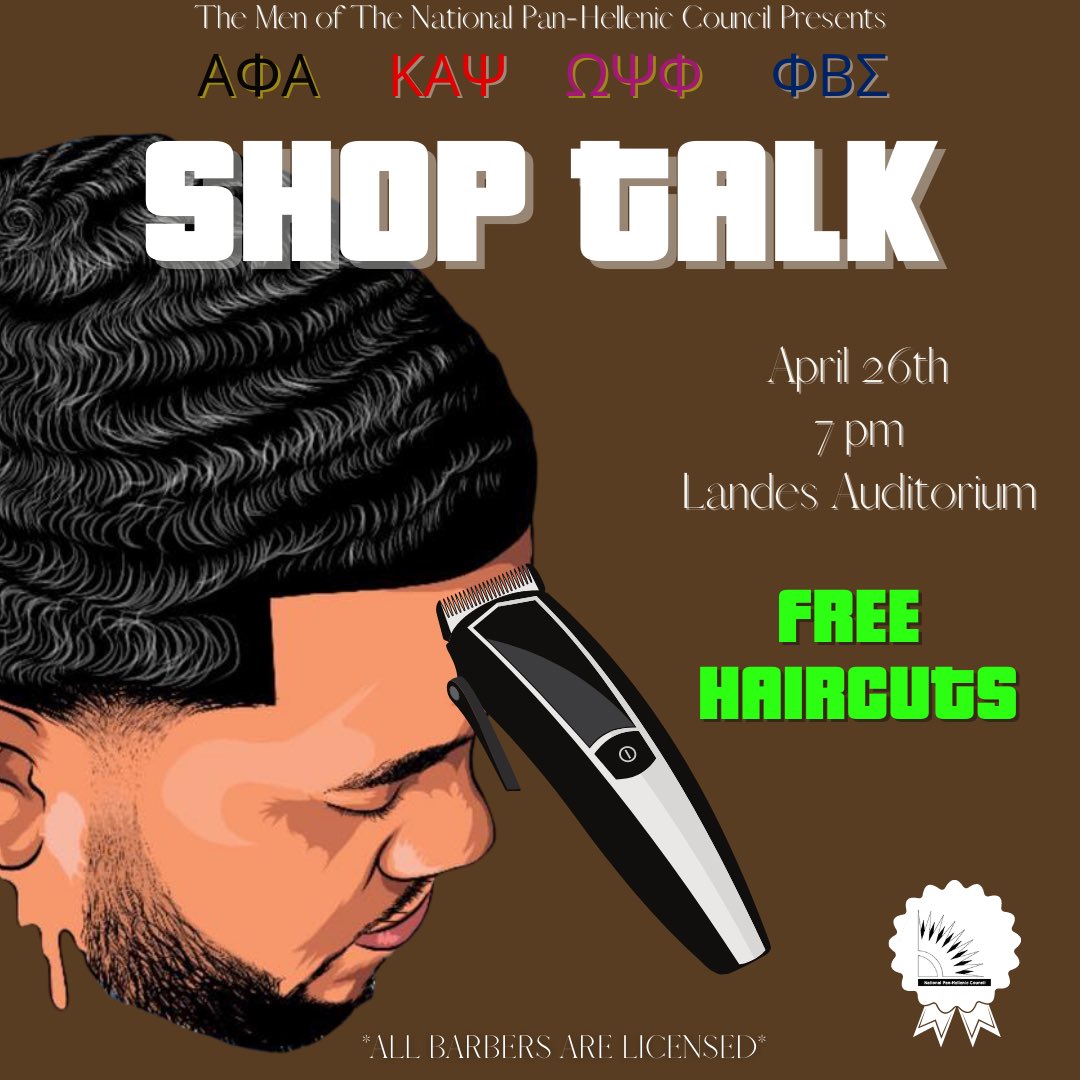 The fraternities of NPHC are collectively bringing the men of Lamar University an event none of you would want to miss out on! 

Shop Talk 💈will be held in the the Landes Auditorium which starting at 7 pm. 

Disclaimer: limited free haircuts❗️