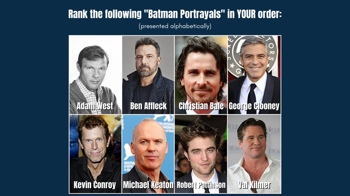 Nerd_Party_Crew's tweet photo. Rank This!

Rank the following "Batman Portrayals" in your order...

#nerdparty #RankThis #rank #oscars #batman #adamwest #benaffleck #christianbale #georgeclooney #kevinconroy #MichaelKeaton #robertpattinson #valkilmer https://t.co/advucKZipE