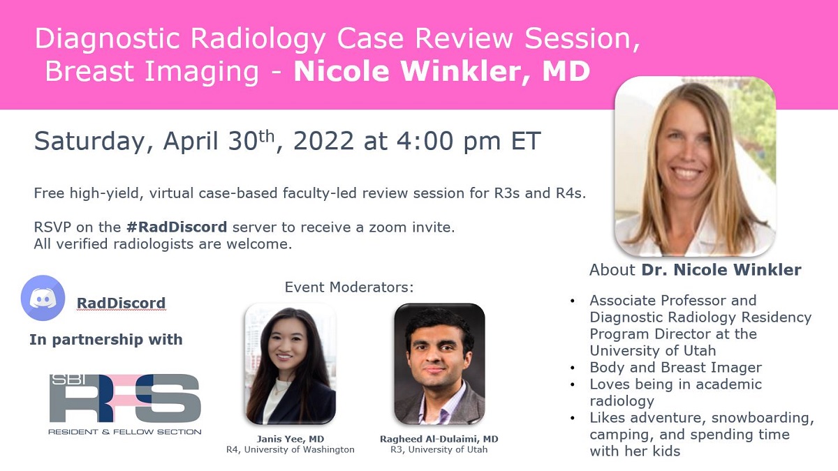 SBI RFS (@sbirfs) on Twitter photo Gearing up for the Core exam? Join us for a high-yield breast imaging case review session featuring <a href="/NicoleWRad/">Nicole Winkler</a> in collaboration with <a href="/RadDiscord/">RadDiscord</a> on April 30, 2022 at 4pm ET. RSVP on #RadDiscord or join here: discord.gg/BG8H4Xj5ak Gearing up for the Core exam? Join us for a high-yield breast imaging case review session featuring <a href="/NicoleWRad/">Nicole Winkler</a> in collaboration with <a href="/RadDiscord/">RadDiscord</a> on April 30, 2022 at 4pm ET. RSVP on #RadDiscord or join here: discord.gg/BG8H4Xj5ak
