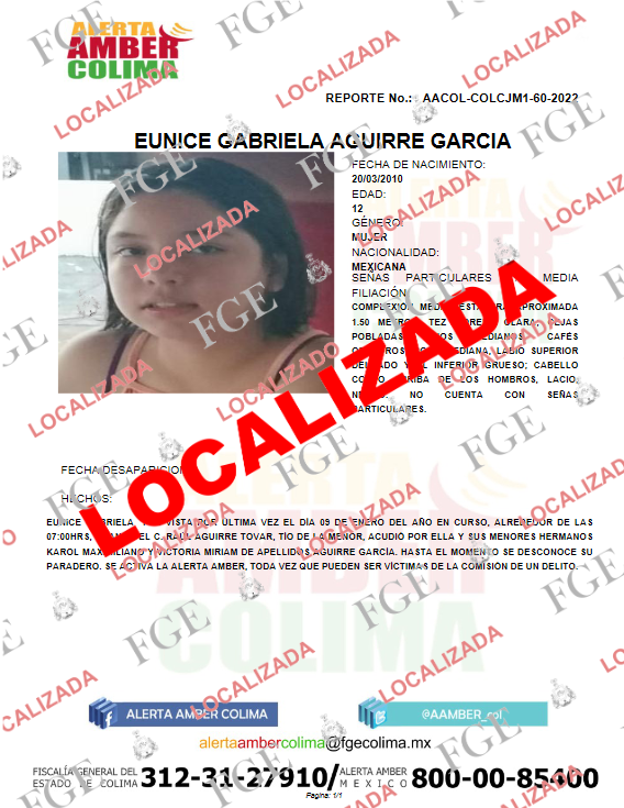 AAMBER_col's tweet photo. Nos es grato informar que han quedado desactivadas las Alertas que se emitieron por la desaparición de las menores, EUNICE GABRIELA y VICTORIA MARIAM, así como del menor KAROL MAXIMILIANO debido a que ya fueron localizados. https://t.co/PQJfcnxOK0