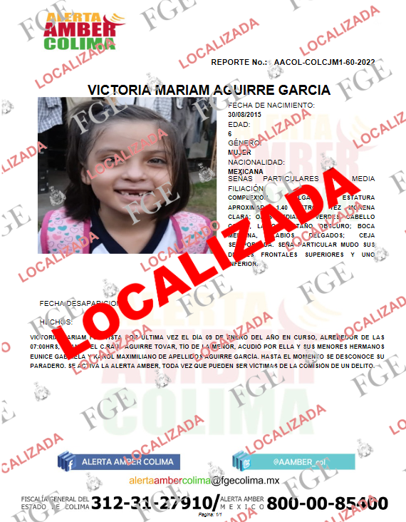 AAMBER_col's tweet photo. Nos es grato informar que han quedado desactivadas las Alertas que se emitieron por la desaparición de las menores, EUNICE GABRIELA y VICTORIA MARIAM, así como del menor KAROL MAXIMILIANO debido a que ya fueron localizados. https://t.co/PQJfcnxOK0
