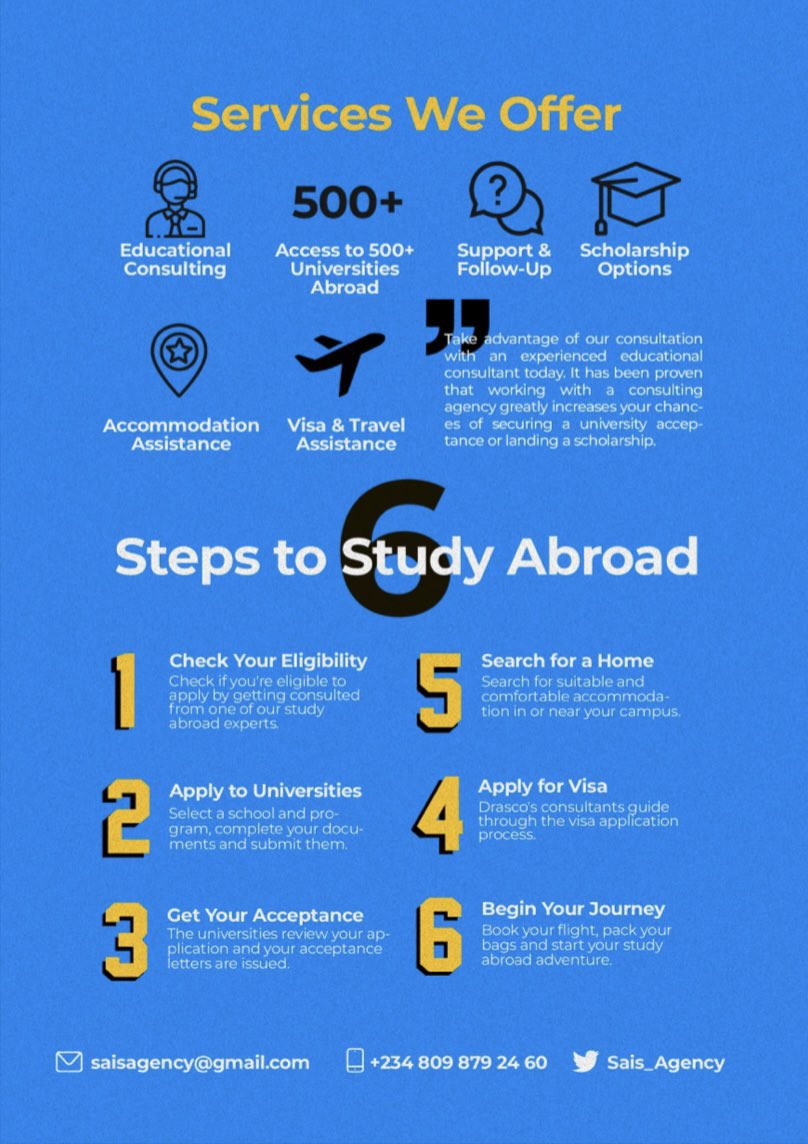 Ready to advance your studies into a top ranking University Abroad? Let’s handle your application from start to Finish. Apply Now!
