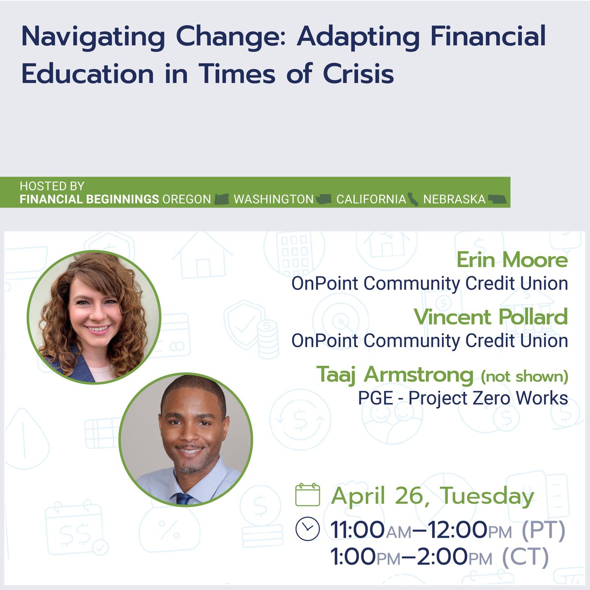 FinBegOR's tweet image. Join OnPoint Community Credit Union and PGE Project Zero to explore the use of inclusive practices to meet the needs of communities that have been disproportionately impacted by current events.

Tuesday April 26th at 11:00 AM (TOMORROW!)

Register: eventbrite.com/e/276204193177