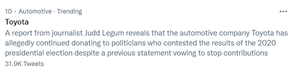 JuddLegum's tweet photo. .@toyota thought it could quietly resume donating to the Republicans who voted to overturn the election and no one would notice.

Now it's trending

https://t.co/GinjSomlzT https://t.co/y98xRTrPP4