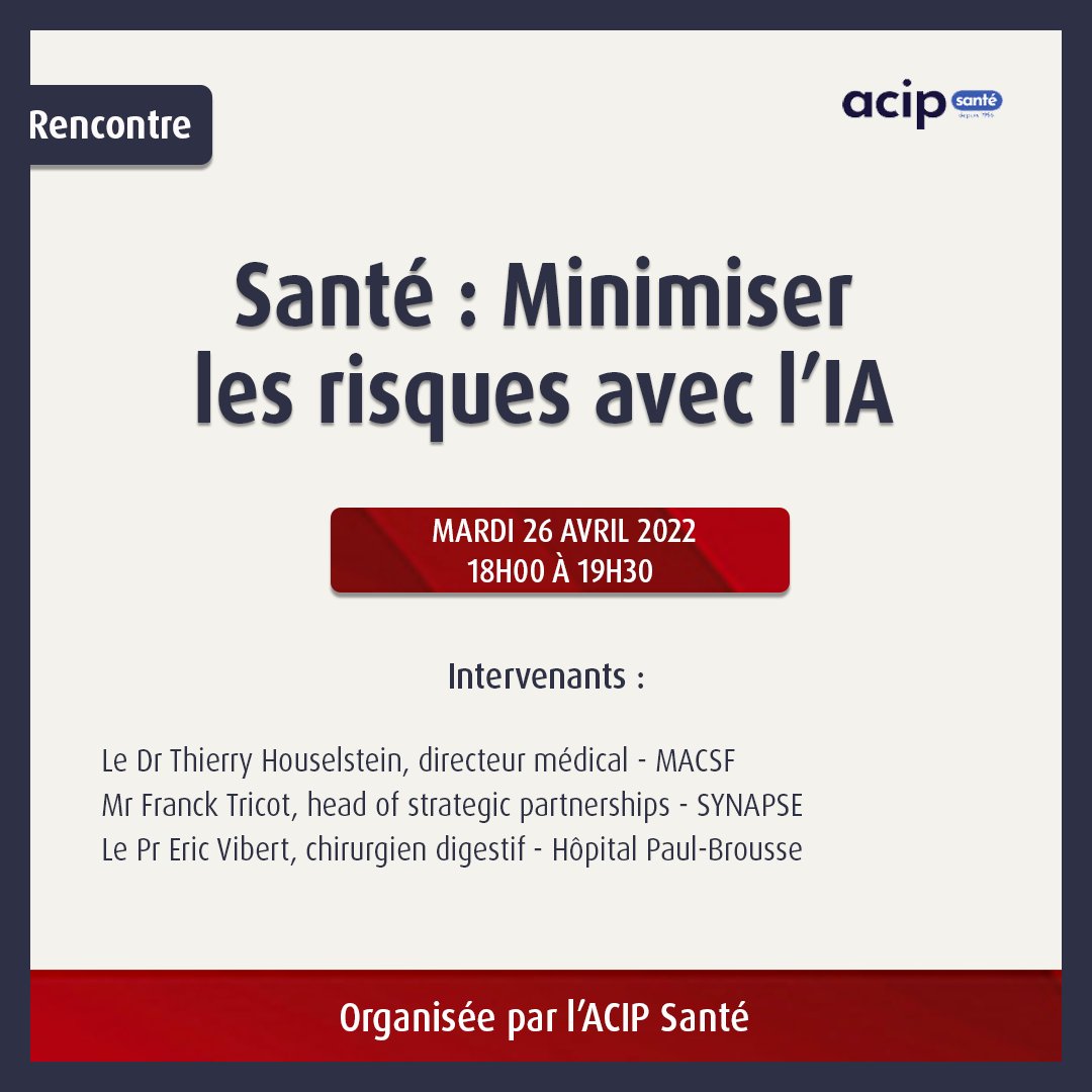 [RDV]🗓 La MACSF participe à la rencontre organisée par <a href="/acip_asso/">ACIP Santé</a> sur le thème « #Santé : minimiser les #risques avec l’#IA », le 26/04/22, à 18h. Rendez-vous chez <a href="/microsoftfrance/">Microsoft France</a> ou en ligne pour suivre le débat📣 
Pour vous inscrire 👉 swll.to/vTBjr