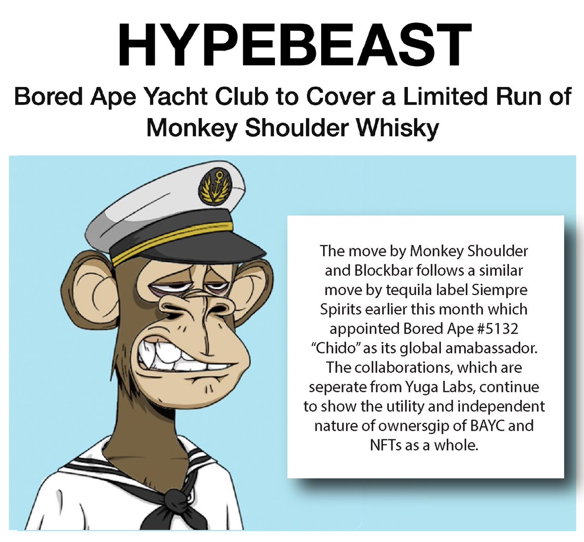 I’ll never get tired of seeing my name in 
<a href="/HYPEBEAST/">HYPEBEAST</a>! And in the same sentence as <a href="/BlockBarNFT/">BlockbarNFT</a> and <a href="/MonkeyShoulder3/">Monkey Shoulder</a>! We’re at the beginning of something big y’all. <a href="/BoredApeYC/">Bored Ape Yacht Club 🍌</a> #BAYC #ApeTogether