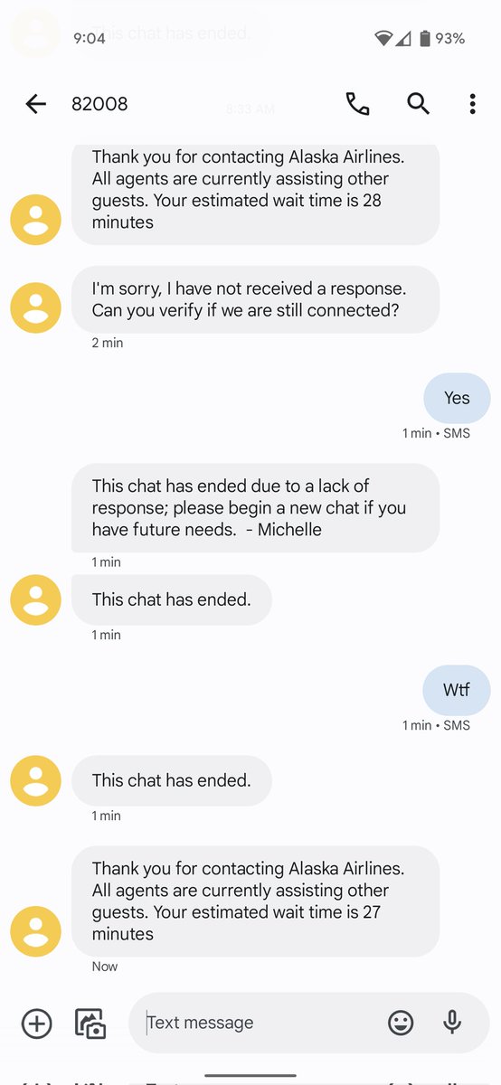 russellspangler's tweet photo. @AlaskaAir After waiting 25 minutes for support you disconnected because I didn't reply within a minute. Terrible customer service https://t.co/wwapKHxlZa