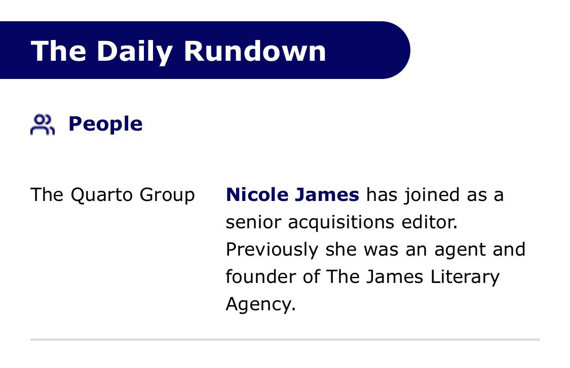 NicoleLitAgent's tweet photo. Work friends and colleagues! My publishing journey continues: I’m thrilled to join Quarto Publishing Group as a Senior Acquisitions Editor. I’m looking forward to creating amazing books on the flip side! Hope to connect with you all from there. 
✨📖 https://t.co/QVNecQ2qkm