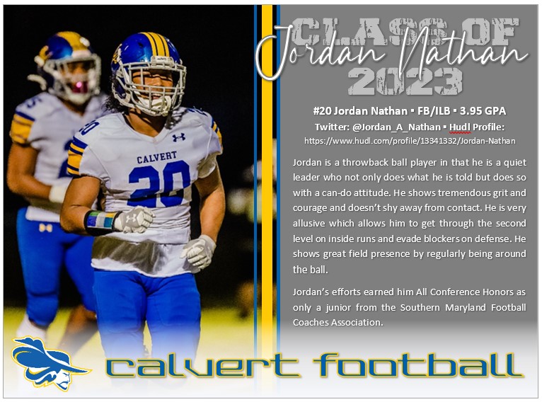 Calvert Football Prospect Spotlight: #20 Jordan Nathan, Class of 2023, Junior LB/RB with amazing grades and great film. Check him out at <a href="/Jordan_A_Nathan/">Jordan Nathan</a> and watch his junior film below. #UncommonGreatness #1Heart1Beat1Soul #THEcalverthigh 
hudl.com/video/3/133413…