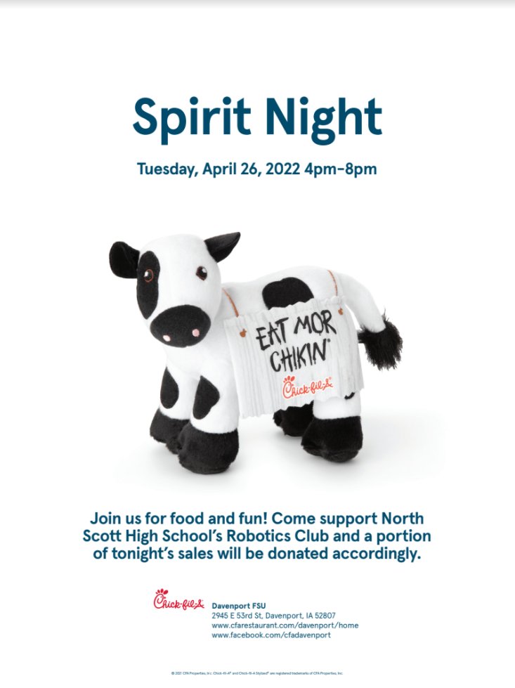 NSRobotics6603's tweet photo. Help support the robotics club by going to Chick-fil-A on 53rd st in Davenport. Once you order remember to say that you are supporting the robotics club. https://t.co/grSkCFdS3X