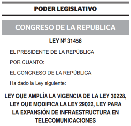 chuamant's tweet photo. Con votación UNÁNIME de todas las bancadas en el @congresoperu, la semana pasada fue promulgada la Ley 31456, que extiende vigencia de Ley 29022 hasta mayo 2032, lo cual facilitará la expansión de infraestructura #4G ahora y #5G más adelante▶️ https://t.co/ROYydrHtjh https://t.co/2LnPsijrqh