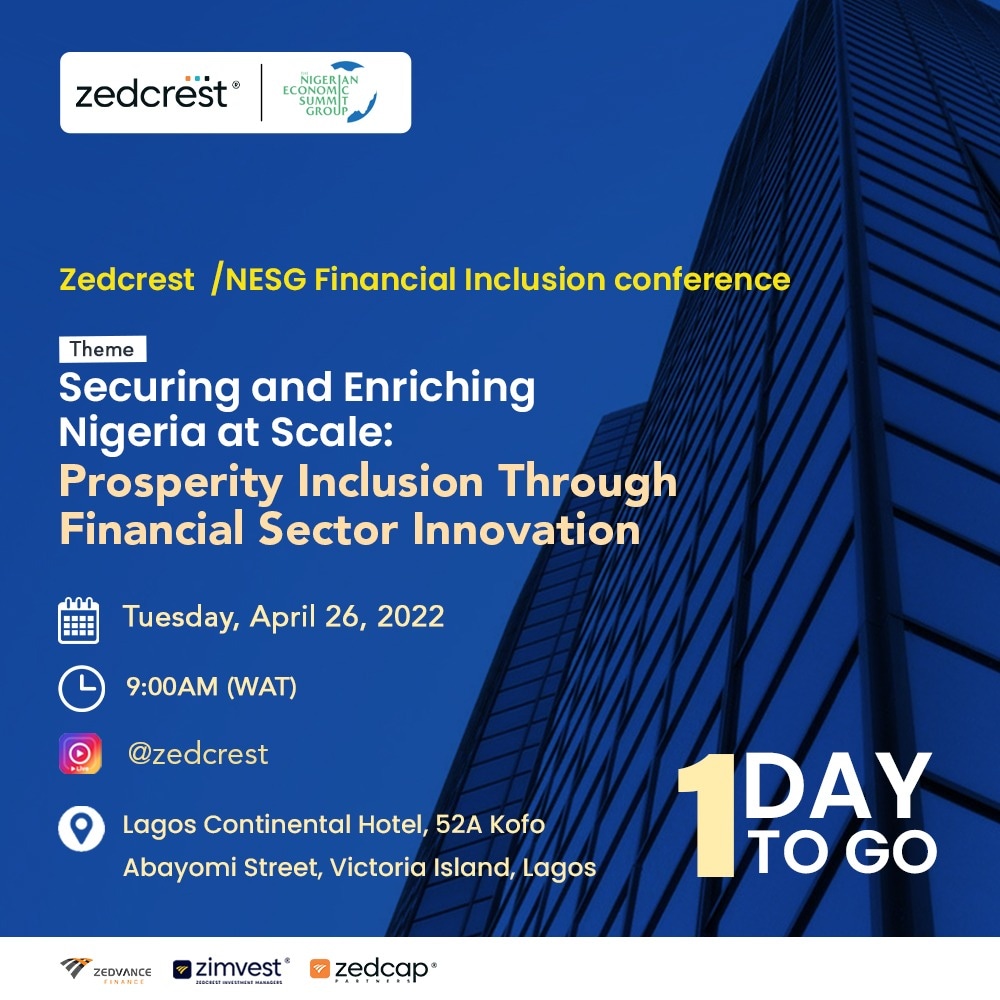 Zedcrest_'s tweet photo. It's the final countdown to the Zedcrest/NESG Financial Inclusion Conference.
Join us tomorrow for an interactive and insightful session with our panels of seasoned financial experts.
#ZedcrestGroup
#ProsperityInclusion
#ZedcrestNESG https://t.co/3Z29n8TyHA