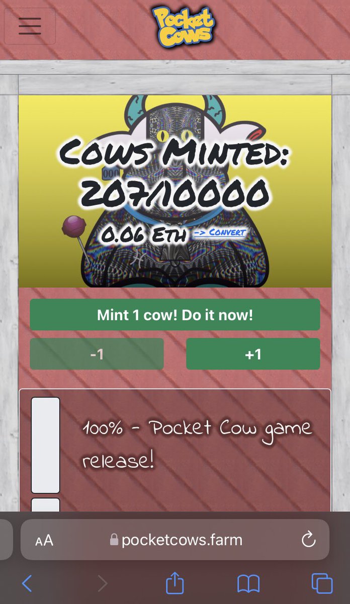🚨MINT ALERT🚨 
207 Pocketcows minted 
90 holders 
5 cows sent to pasture 
🥛🥛🥛🥛🥛🥛🥛🥛🥛
If you don’t own a good amount of cows before we blow it’s truly going to be a big lost on your end 
#NFTs #NFT #NFTdrops 
⬇️Adopt your own pocket cow today⬇️
metamask.app.link/dapp/Pocketcow…