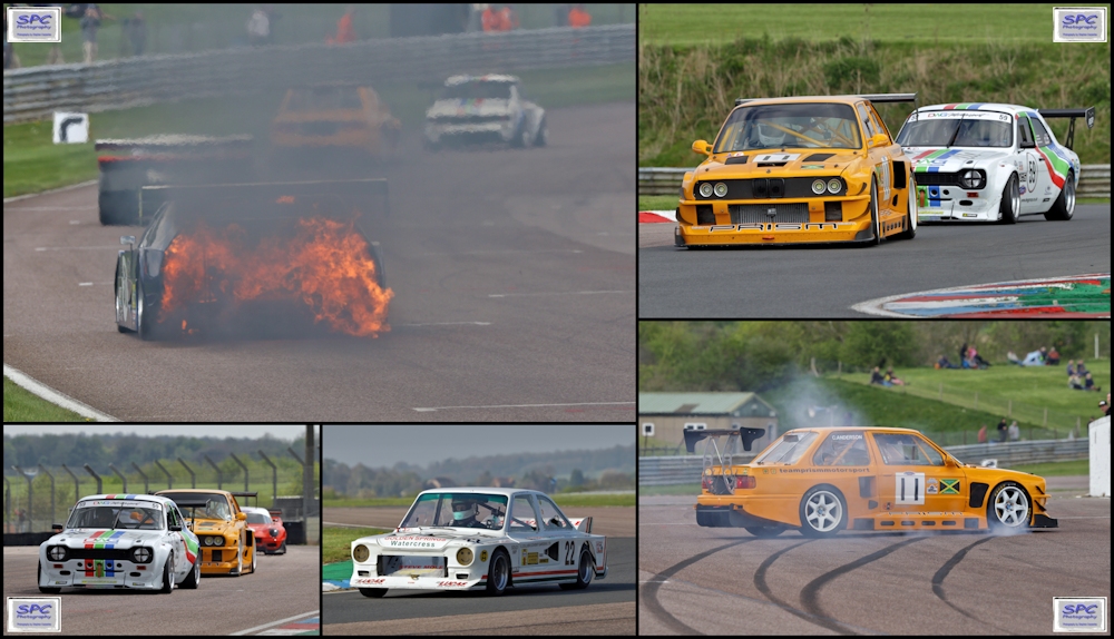 spcphotomedia's tweet photo. A few highlights (and one lowlight) from the #CSCC #SpecialSaloons #Modsports races at #Thruxton on the 24th April. Jack Gadd's RSR #Mk1Escort winning race 1 and Clive Anderson's twin-turbo #BMWE30 race 2. Thomas Carey's #HondaCRX clone suffered this dramatic fire, he got out ok. https://t.co/8DvnrXLaGV