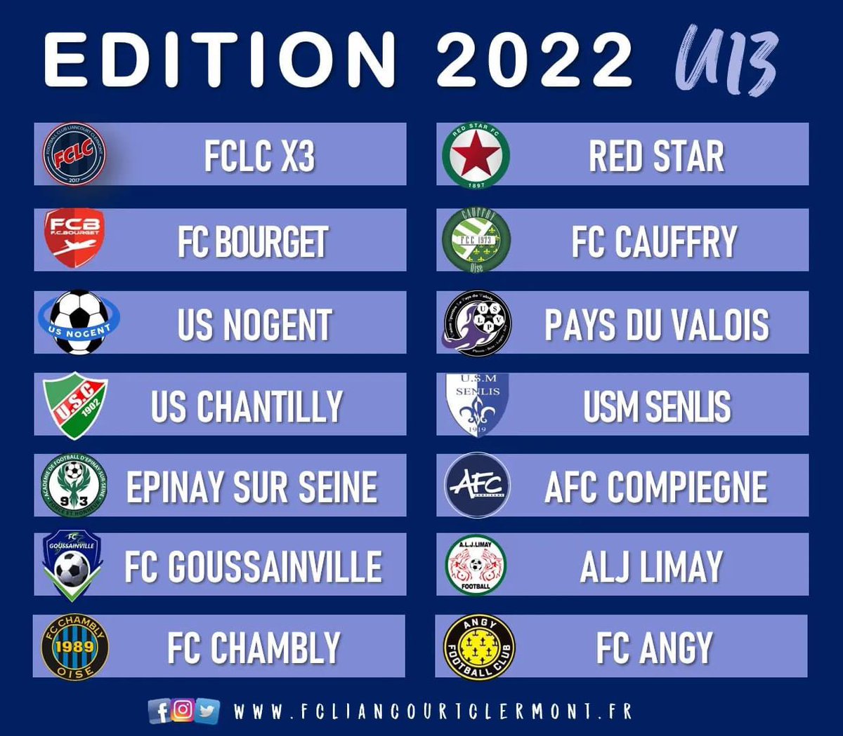 FCLC_'s tweet image. 🔴🔵⚽ 𝗧𝗼𝘂𝗿𝗻𝗼𝗶 𝗨𝟭𝟯 - 𝗘𝗾𝘂𝗶𝗽𝗲𝘀 𝗲𝗻𝗴𝗮𝗴é𝗲𝘀 ✅

A moins d'une semaine de notre premier tournoi, découvrez les équipes présentes sur la catégorie U13 🔥

Rdv 𝙙𝙞𝙢𝙖𝙣𝙘𝙝𝙚 𝟭𝙚𝙧 𝙢𝙖𝙞 dès 9h30 au Stade René Naudot 👍