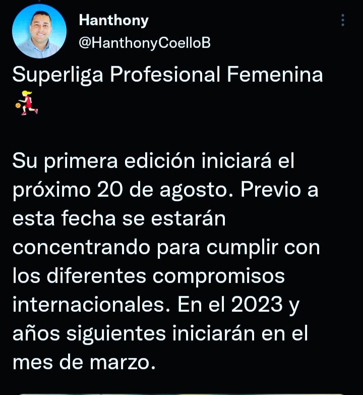 El presidente de la FVB, Hanthony Coello, anunció que la Superliga Profesional Femenina 🏀 arrancará el próximo 20 de agosto. 
Estaremos listas para afrontar el reto 🏆

#VamosMineras #VamosCojedes #BaloncestoFemenino #Cojedes