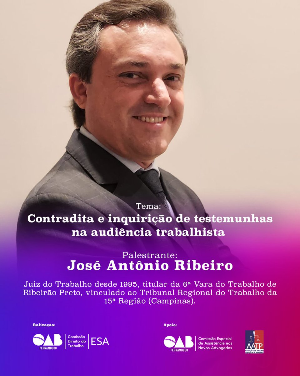 ESAOABPE's tweet photo. Na última sexta-feira de abril, 29/04, a ESA-PE e a Comissão de Direito do Trabalho realizarão a palestra “CDT convida: os notáveis”, a partir das 17h, na sala da ESA-PE.
Inscreva-se gratuitamente no site da ESA-PE ou acompanhe o evento em nosso canal do youtube.
#esape https://t.co/ilPJijB3G1