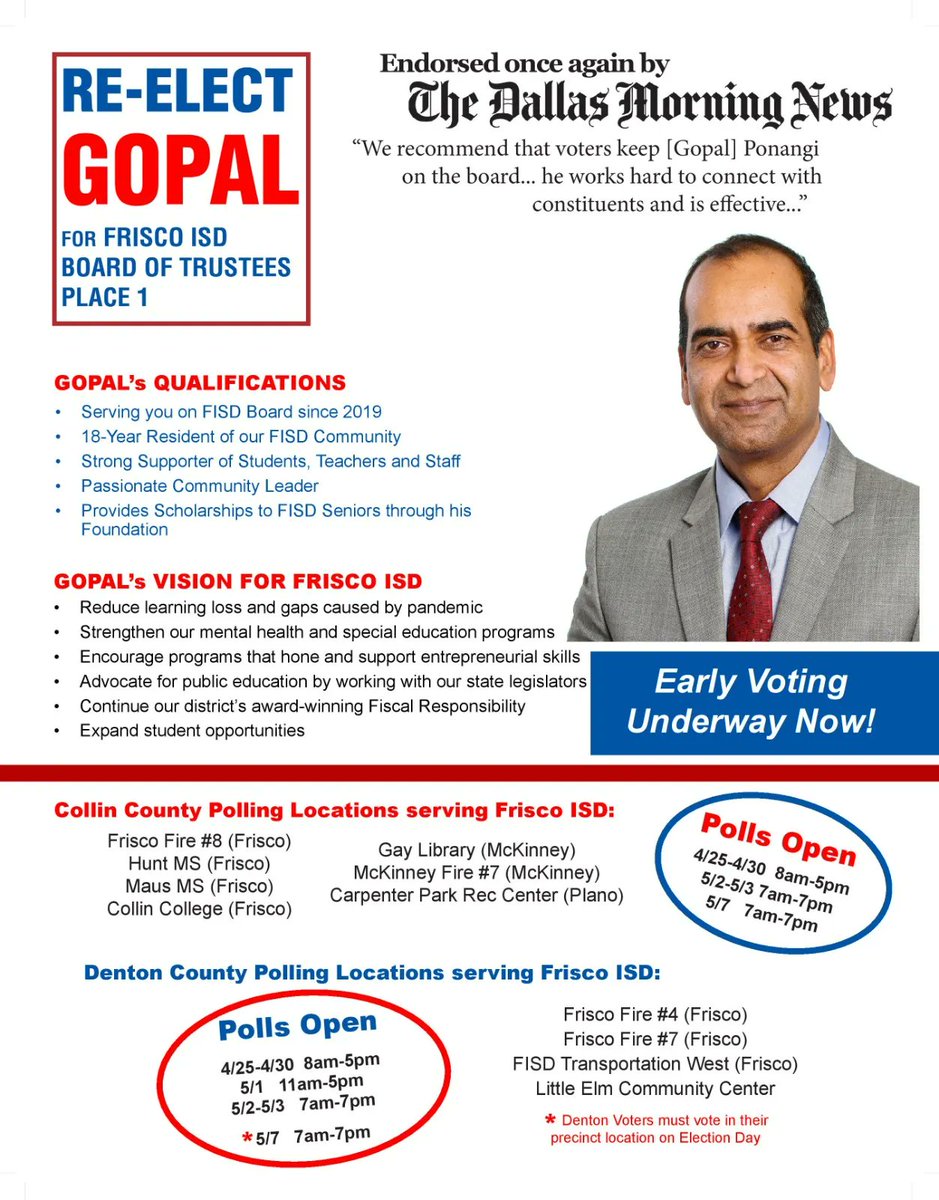 VoteForGopal's tweet photo. Early Voting Starts Today at 8am. Get your vote in bright and early starting today for #gopalforfisd. https://t.co/yajBEdi4Ft
