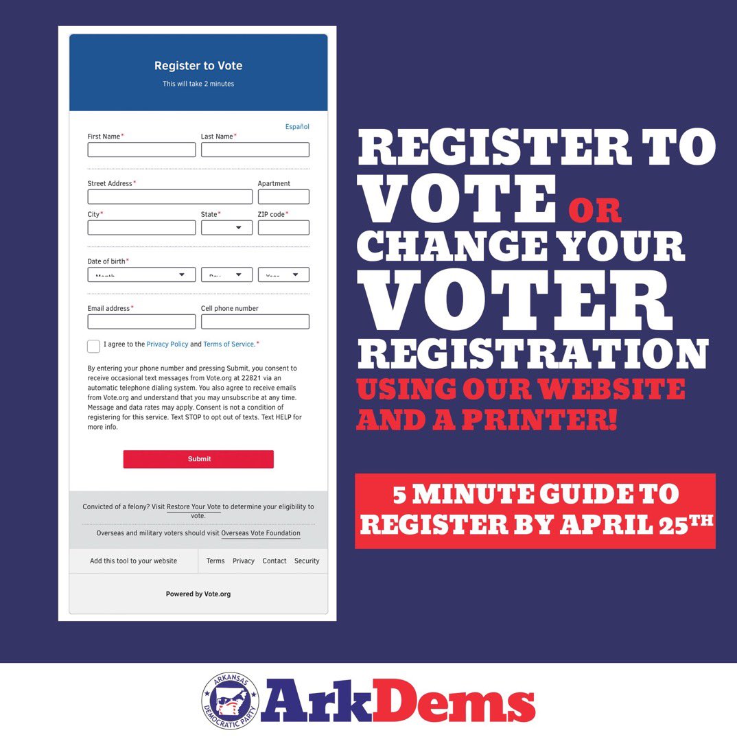 📣Pass it along: You’ve still got TODAY to register to vote for the May 24 Democratic primary election.

Register To Vote ➡️ arkdems.org/take-action/ge…