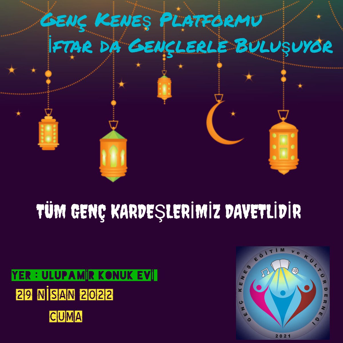 "Ulupamirli Gençler İftar Yemeğinde Buluşuyor"

Genç Keneş Platformu tarafından düzenlenecek olan ve ilçemiz kaymakamı Sn. Nuri Mehmetbeyoğlu'nun misafirimiz olacağı iftar yemeğimize Ulupamirli tüm gençlerimizin teşriflerini bekliyoruz.