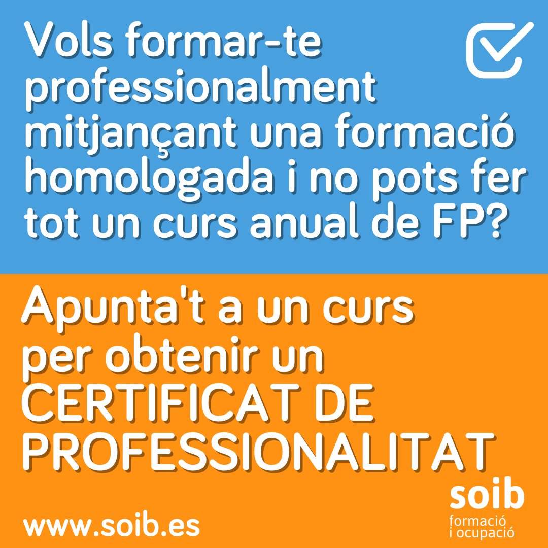 SOIBgoib's tweet photo. 📢 Els Certificats de Professionalitat que ofereix gratuïtament el SOIB tenen molts PROS❗
👍 Formació PROFESSIONAL i MODULAR, que et permet aprendre al teu propi ritme‼️ És gradual i amb correspondència amb l'FP del sistema educatiu.
#SomPro #SOIBSomPro https://t.co/9Aoq3yzC6n