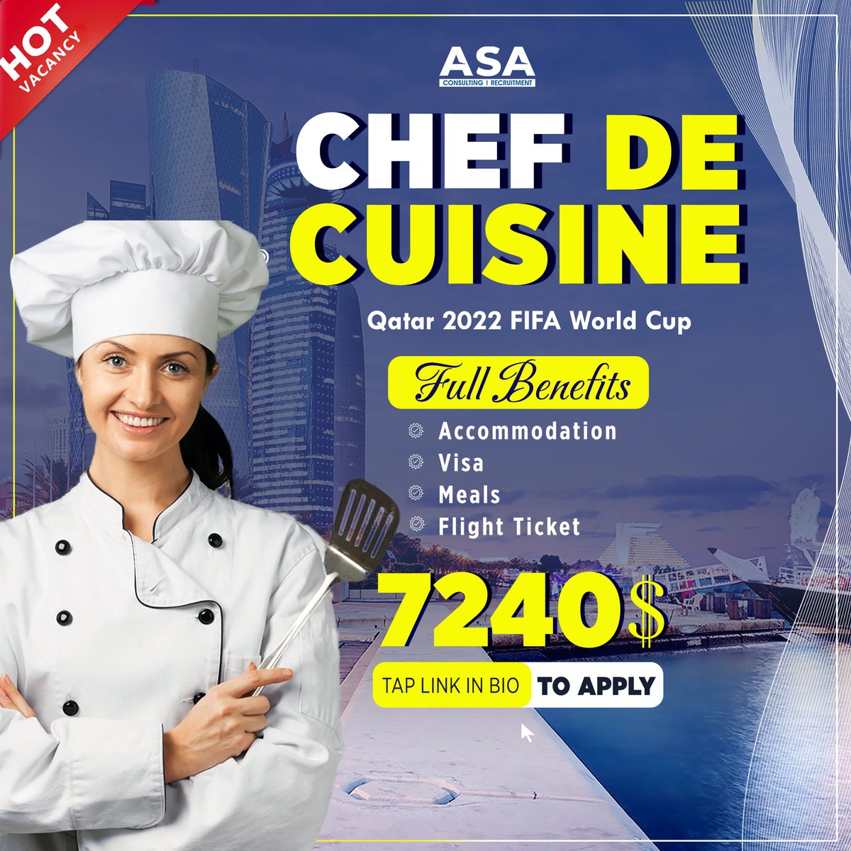 asahrmcom's tweet photo. ✈️Do you want to travel and experience new culture? Then this opportunity is for you! 

🔍 We are hiring for CHEF DE CUISINE for a Luxury Restaurant in Doha to join our friendly team.

Send your resume to info@asahrm.com

TAP  link to APPLY!
https://t.co/cjbre8p2eF

#workabroad https://t.co/RAiBl3gD6z