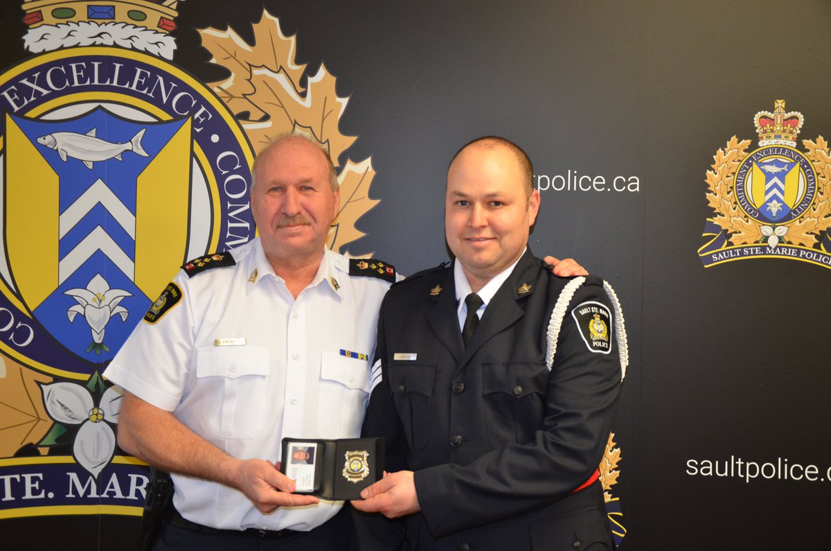 SaultPolice's tweet photo. Last week @ChiefStevenson1 promoted 2 officers to Sergeant. Sgt Alison Campbell &amp; Sgt John Boyle are both currently assigned to Investigation Services. Thank you for your continued dedication and your leadership with your fellow members and the people you serve. Congratulations! https://t.co/opKlvKgWoQ