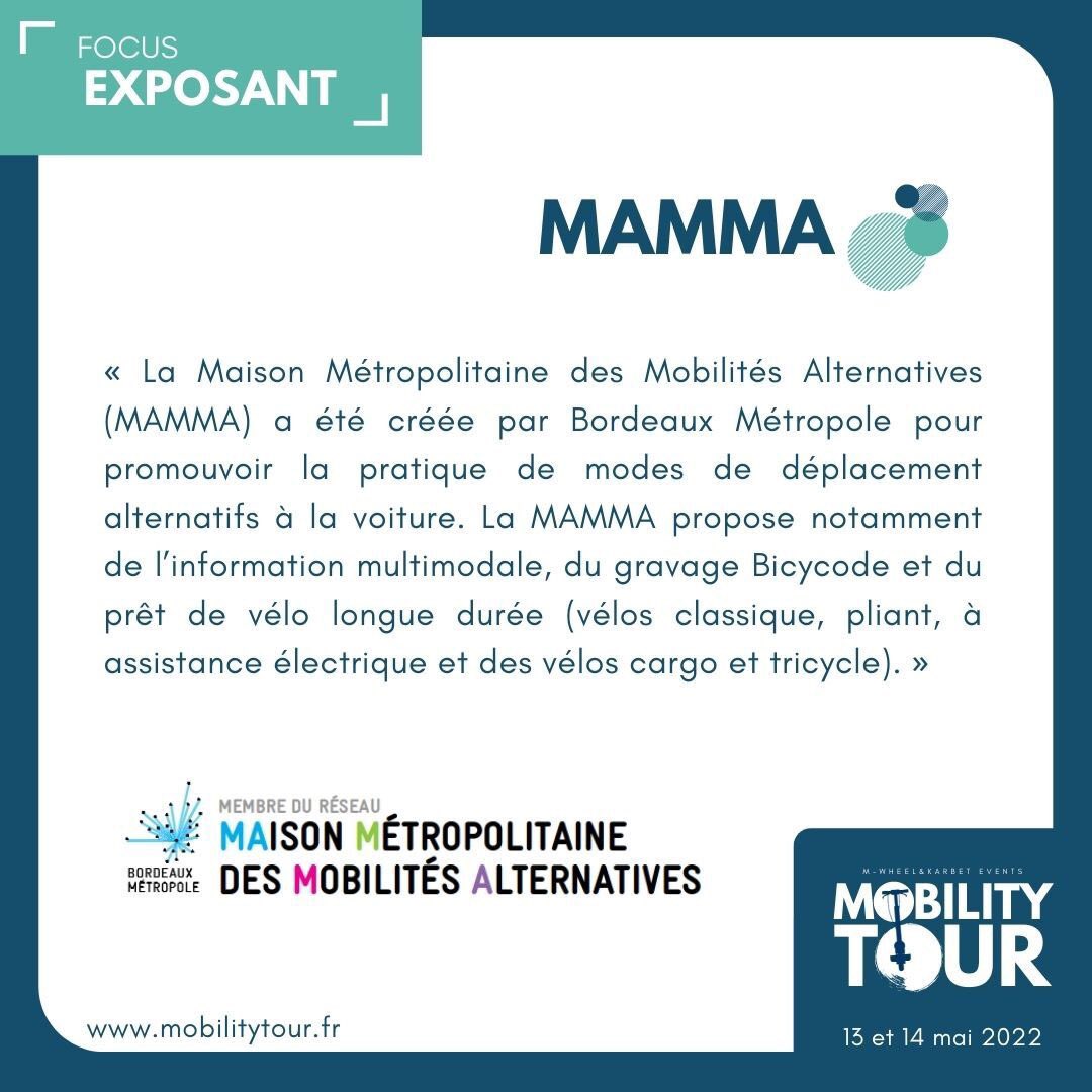 Venez a la rencontre des acteurs de la micromobilité les 13 et 14 mai. Retrouvez aujourd’hui la MAMMA : la Maison Métropolitaine des Mobilités Alternatives.

mobilitytour.fr

#mobilitytour #bordeaux #prévention #innovation #tablesrondes #ecomobilité #vr  #sensibilisation