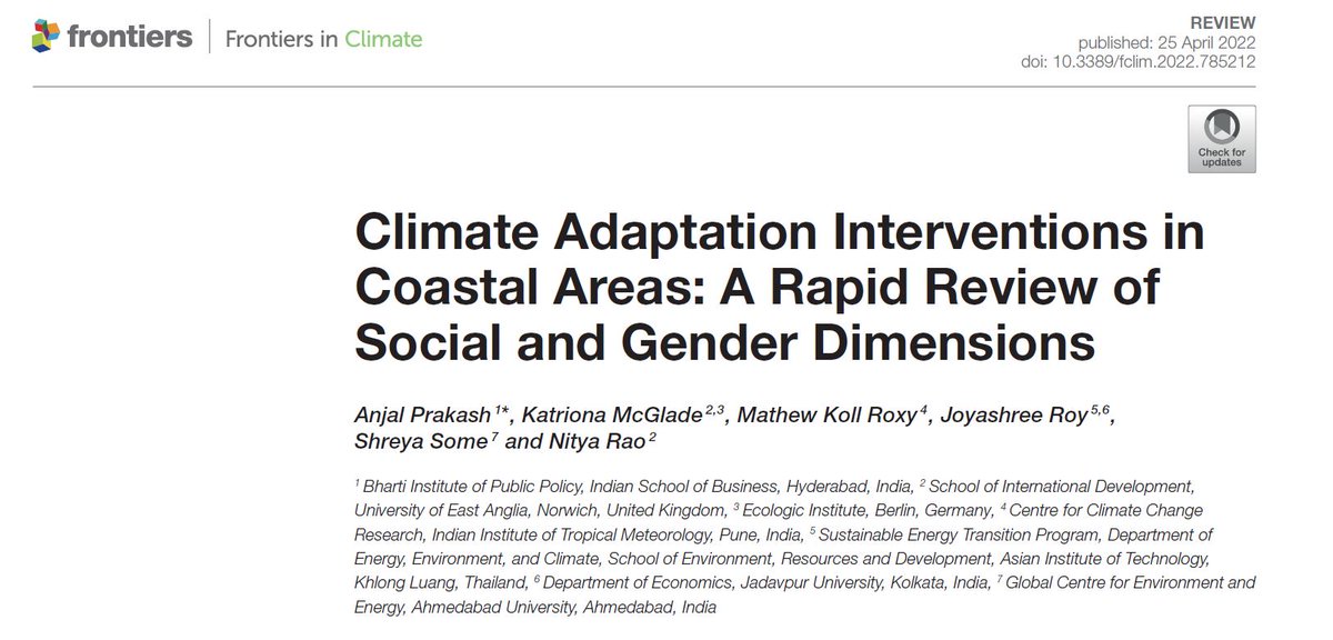 ShreyaSome's tweet photo. Small 🧵on our new paper: 
Climate #Adaptation Interventions in #Coastal Areas: A Rapid Review of Social and #Gender Dimensions

Builds on #IPCCReport  #SROCC https://t.co/derc3XdcPO