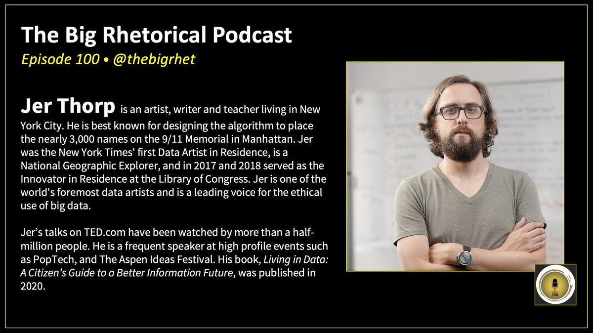 Hey! Today, we celebrate Episode 100 of the #podcast! You can listen here: bit.ly/3rLjAUo. Jer Thorp (@blprnt) is an artist, writer & teacher. Don't miss him discussing how #data shapes our daily lives & his book, 'Living in Data.' #AcademicTwitter #teamrhetoric #retweet