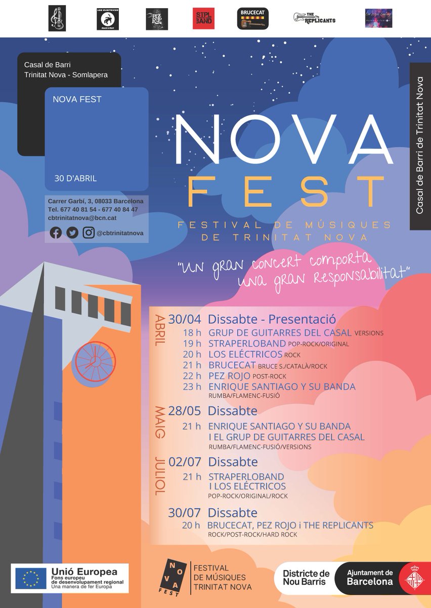 Bcn_NouBarris's tweet photo. Els artistes i grups de #TrinitatNova es donen a conèixer a la presentació del festival #NovaFest. 6 hores de concerts amb el talent artístic del barri, t'ho perdràs?
🎸 Dissabte de 18 a 00 h, a l'esplanada del @cbtrinitatnova. Gratuït! Horaris i + info a https://t.co/tca9PAUcin https://t.co/ztrQzesfid