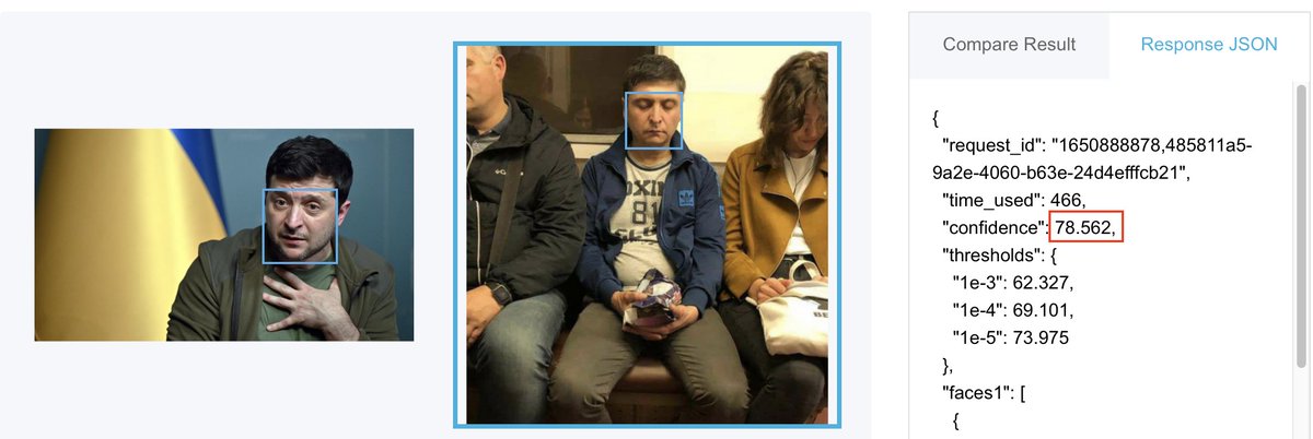 OSINT_Tactical's tweet photo. Testing Chinese Face Compare software, similar to Microsoft Azure. First Example is a Zelenskyi lookalike, second example is him on both, the confidence level went up even though he has a beard on one of the photos. #OSINT #FaceCompare #Faces #FacialRecognition #FRS https://t.co/Xxty7gFieL