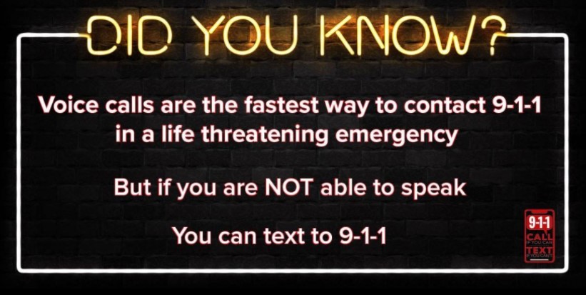 GHC911's tweet image. HELP 9-1-1 HELP YOU!

Voice calls are the fastest way to contact 9-1-1 in a life-threatening emergency. But if you are NOT able to speak you can text 9-1-1.

CALL IF YOU CAN, TEXT IF YOU CAN’T

#smarttext #texting #lifeemergency