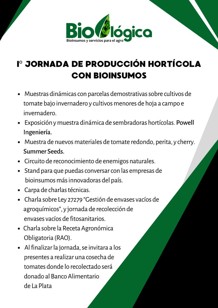 GuillePeruzzi's tweet photo. 1° Jornada de Producción Hortícola con Bioinsumos.
Viernes 29/04
De 10 a 17 hs 
Calle 42 y 181
Lisandro Olmos,La Plata. https://t.co/OTjosDg0sZ