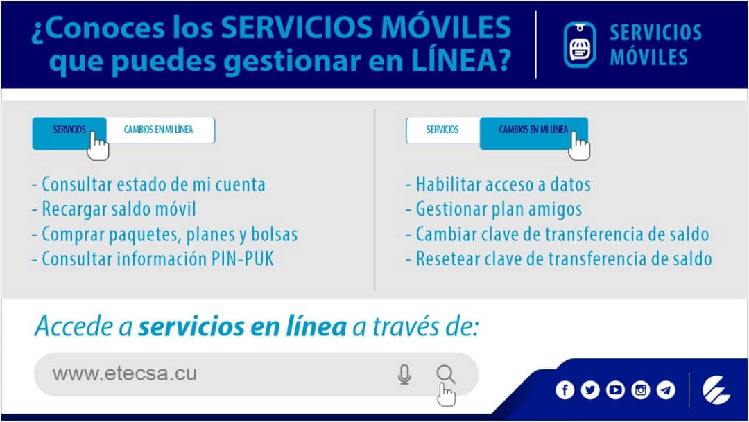 Accede GRATIS al sitio etecsa.cu y podrás gestionar fácilmente todos estos servicios móviles👇#CubaViveYTrabaja #VamosConTodo