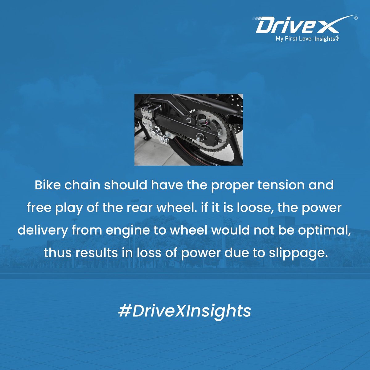 the_drivex's tweet image. Bike chain should have the proper tension and free play of the rear wheel. if it is loose, the power delivery from engine to wheel would not be optimal, thus results in loss of power due to slippage.
#Drivex #BikeChain #DriveXInsights #BikeTips #MaintainanceTips